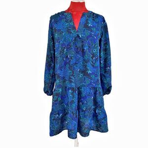 Blue Paisley Print Tunic Top Mini Dress Casual Prairie Ruffle Puff Sleeve Size S